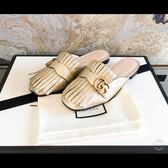 Gucci GG Marmont Gold Metallic Fringe Mule Loafers - Picture 11 of 12